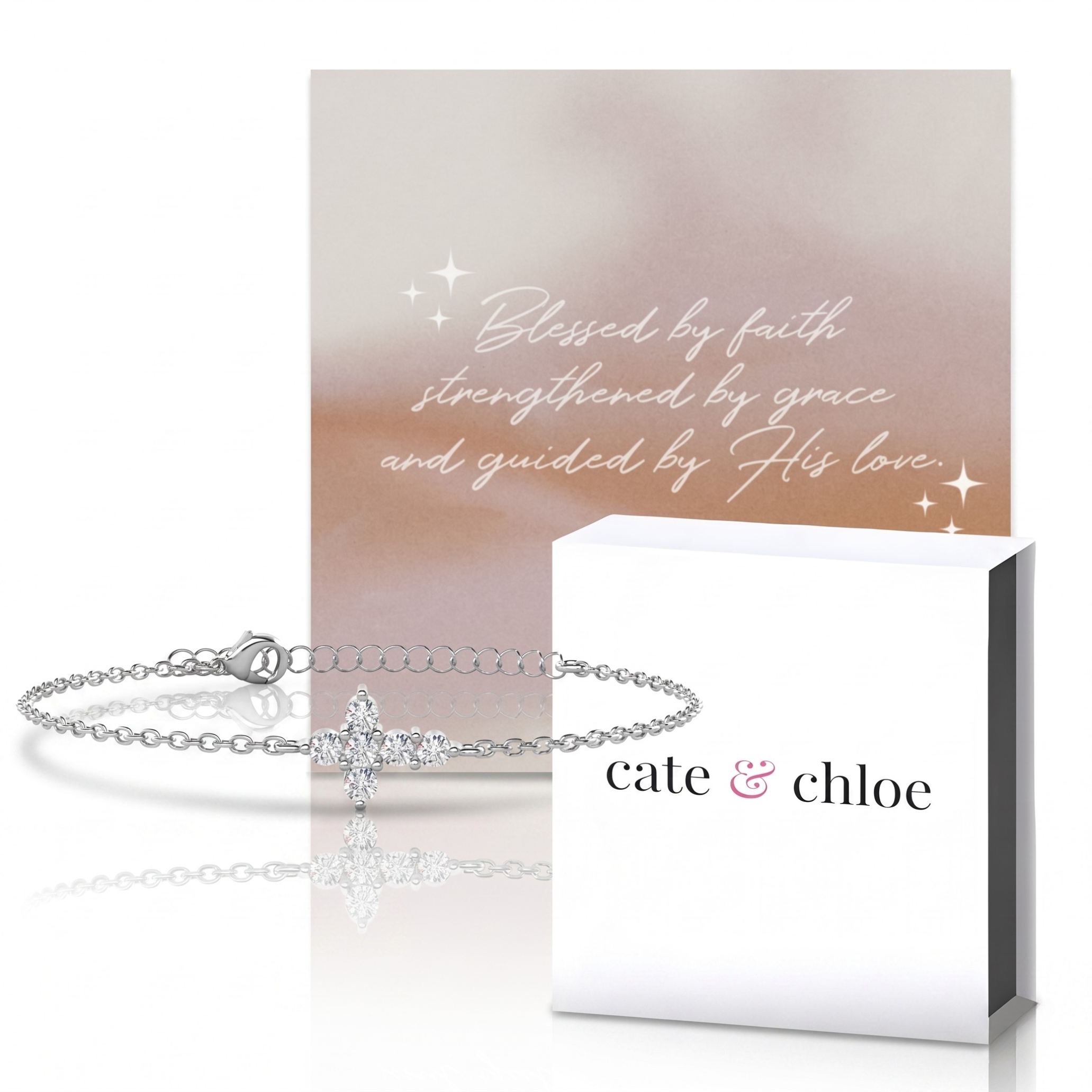 Zuri 18k White Gold Plated Cross Bracelet & Blessed by Faith Tan Sand Card