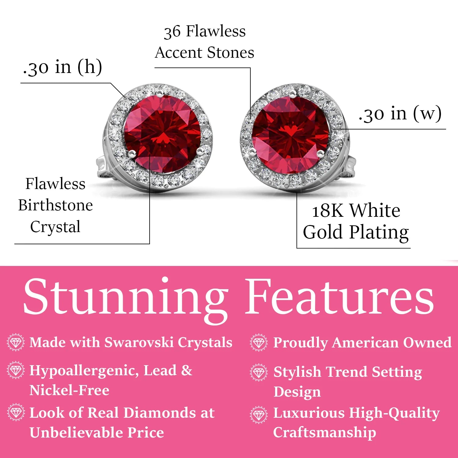 Royal 18k White Gold Plated Birthstone Halo Earrings with Round Cut Swarovski Crystals