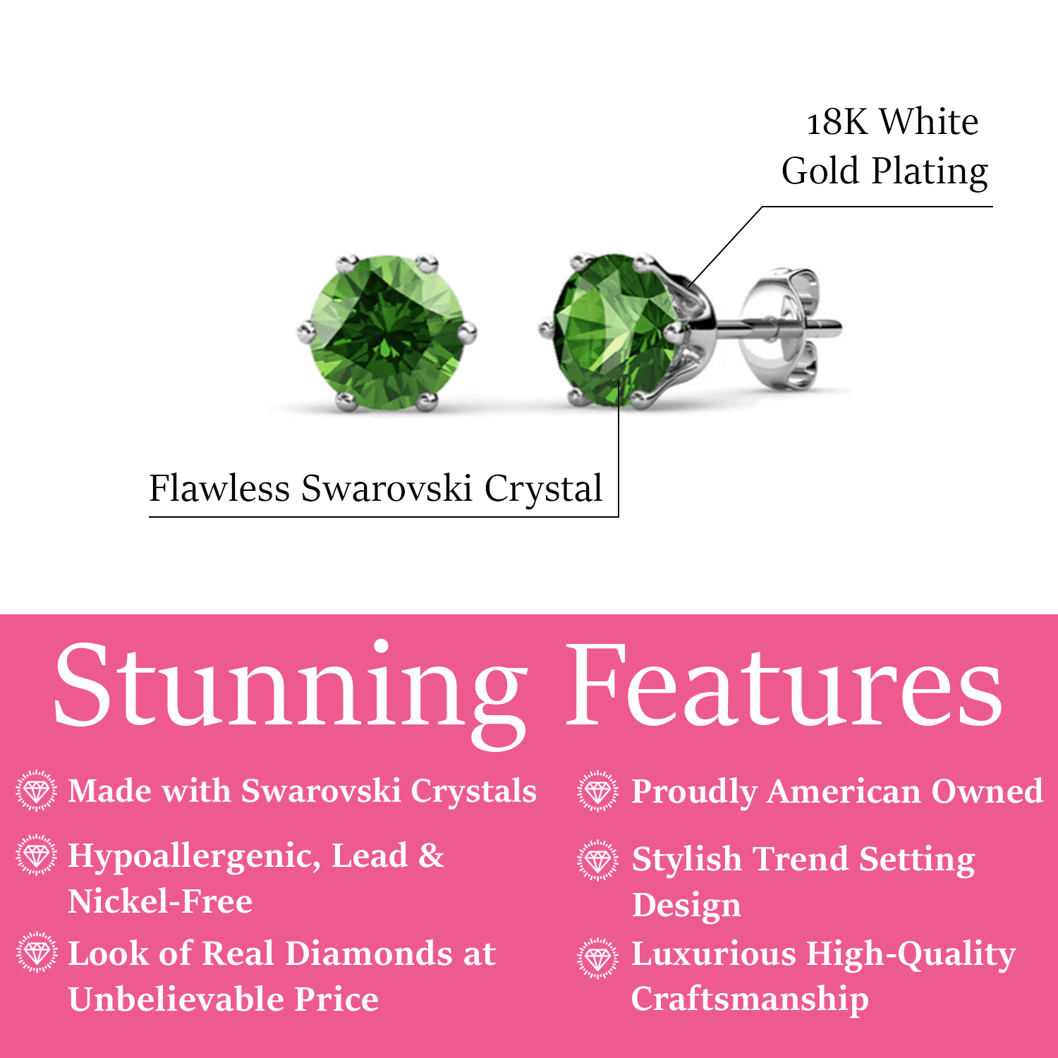 Birthstone Earrings 18k White Gold Plated Stud Earrings with 1CT Swarovski Crystals