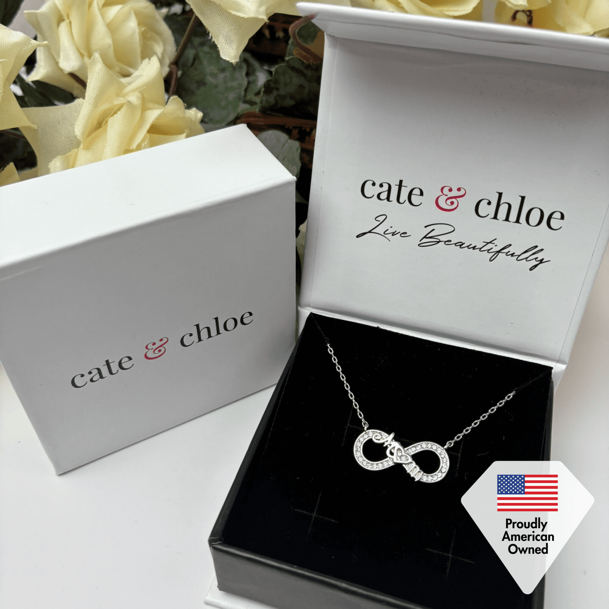 Robin 18k White Gold Plated Infinity Necklace with Swarovski Crystals & Heartfelt Message for Mom