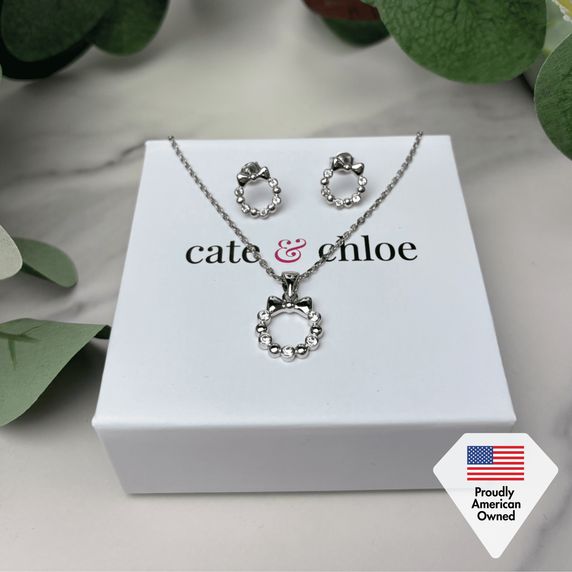 Edith 18k White Gold Plated Silver Ribbon Necklace and Earring Set with Swarovski Crystals