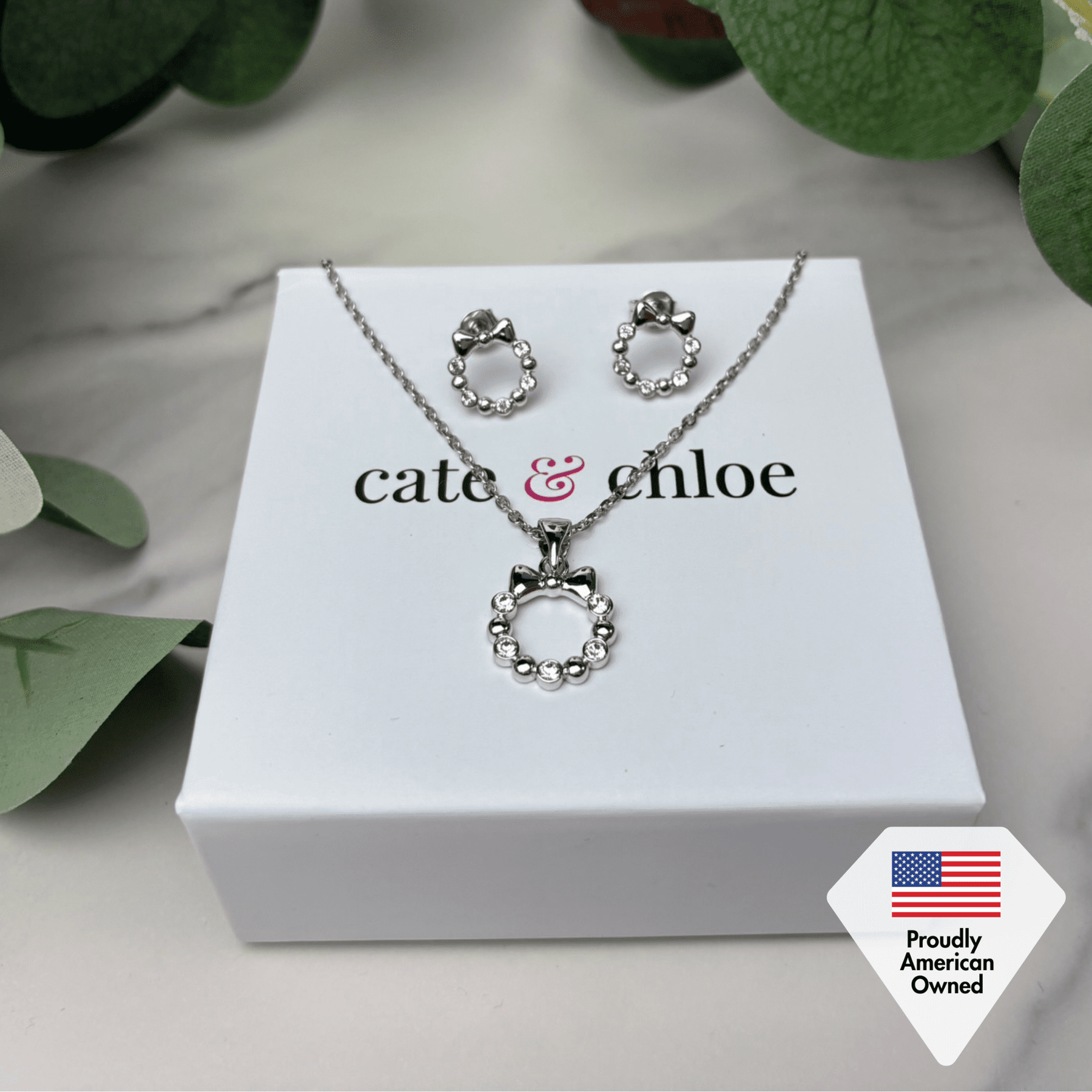 Edith 18k White Gold Plated Silver Ribbon Necklace and Earring Set with Swarovski Crystals