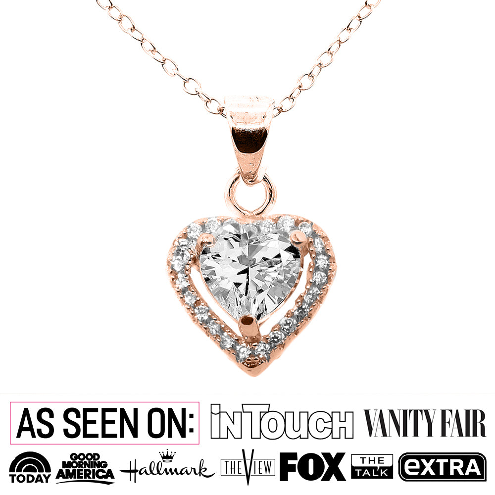 Amora 18k White Gold Plated Halo Heart Pendant Necklace with CZ Crystals