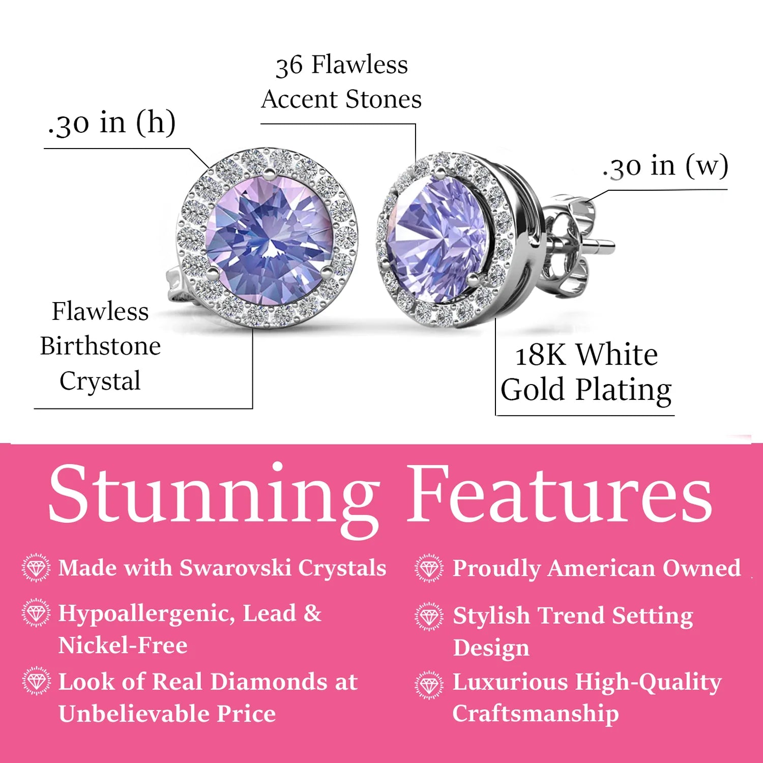 Royal 18k White Gold Plated Birthstone Halo Earrings with Round Cut Swarovski Crystals