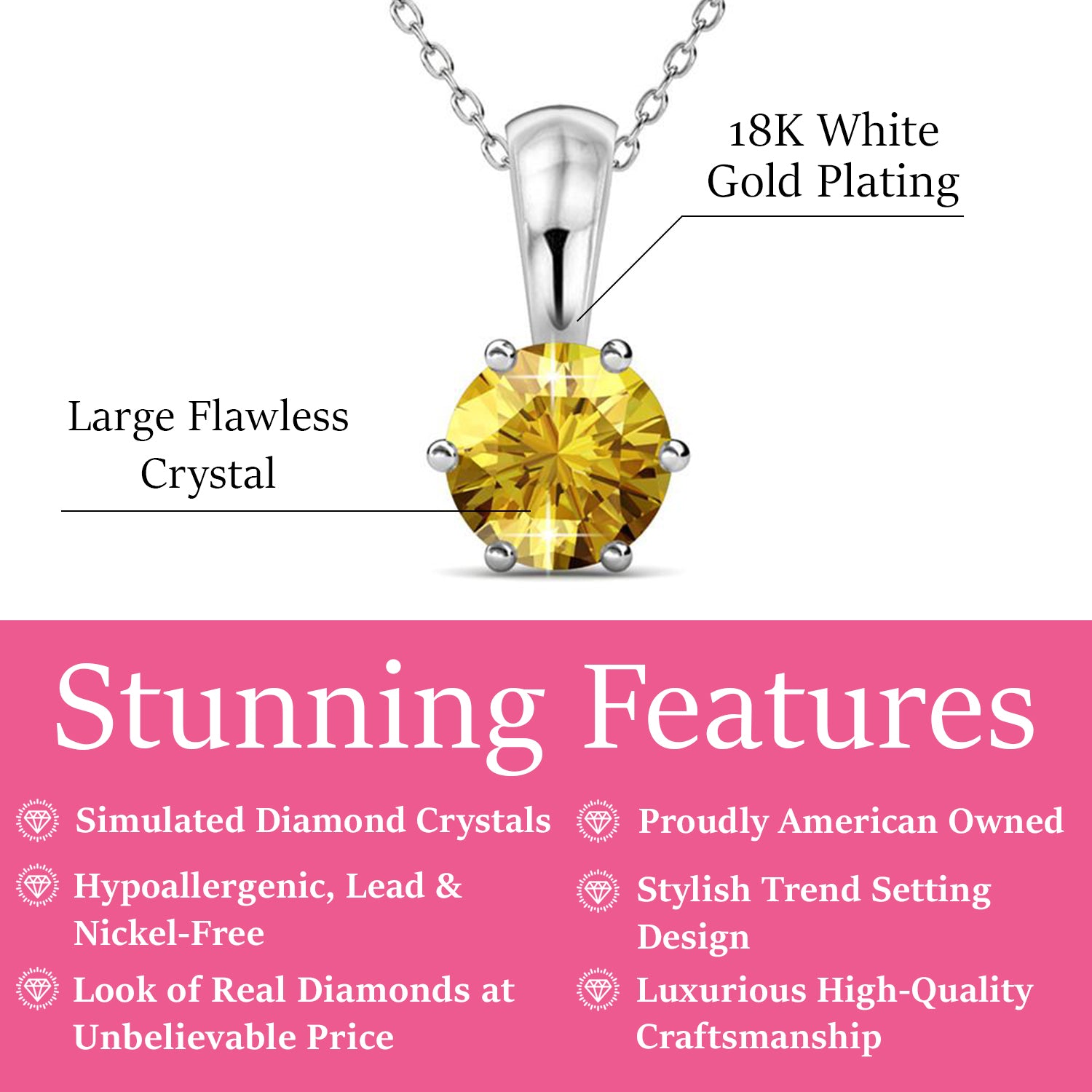 November Birthstone Citrine Necklace, 18k White Gold Plated Solitaire Necklace with 1CT Crystal