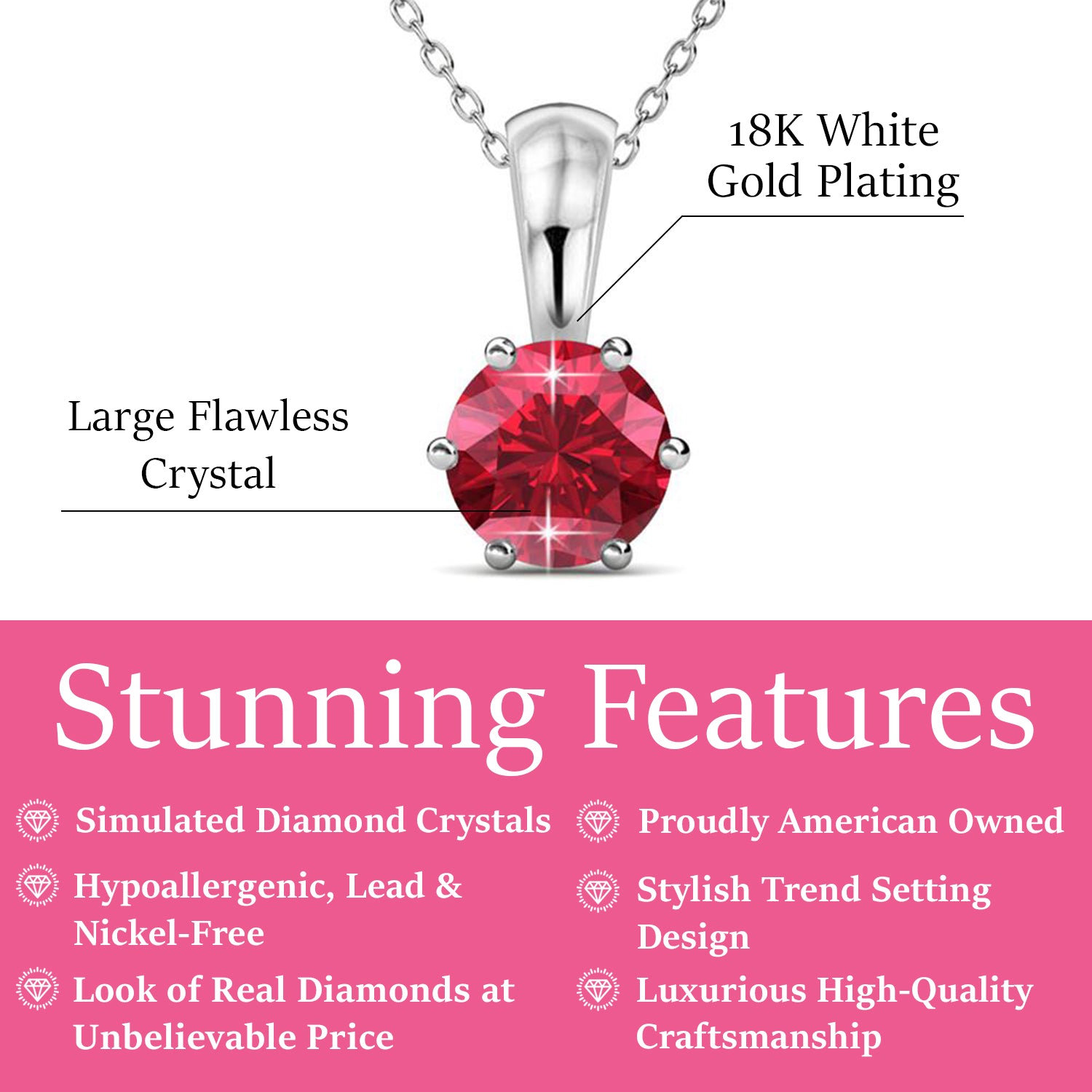 July Birthstone Ruby Necklace, 18k White Gold Plated Solitaire Necklace with 1CT Crystal