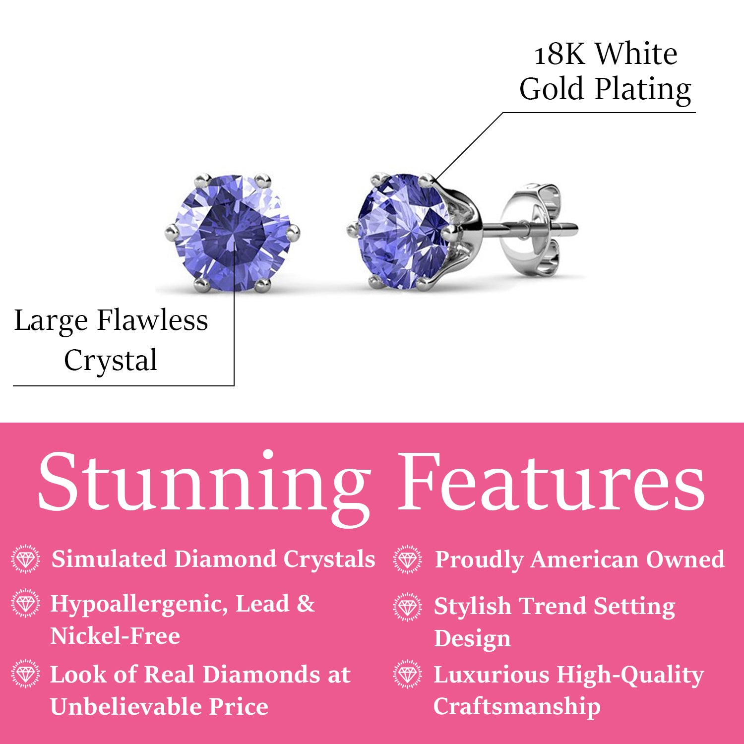 February Birthstone Amethyst Earrings, 18k White Gold Plated Stud Earrings with 1CT Crystals