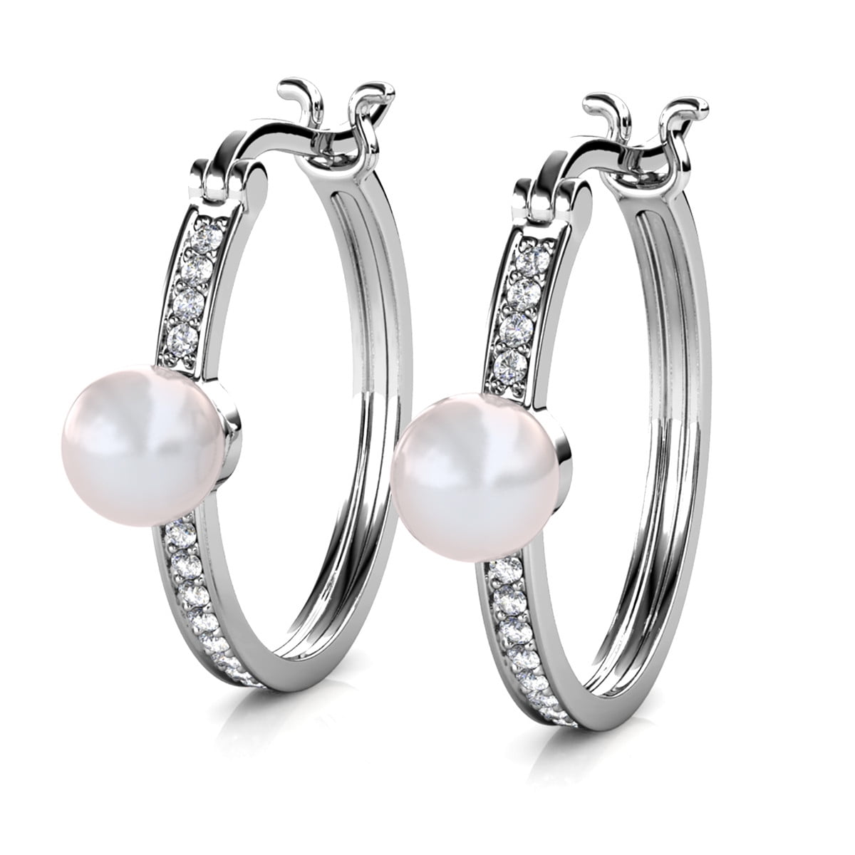 Nyla 18k White Gold Plated Pearl Hoop Earrings with Swarovski Crystals