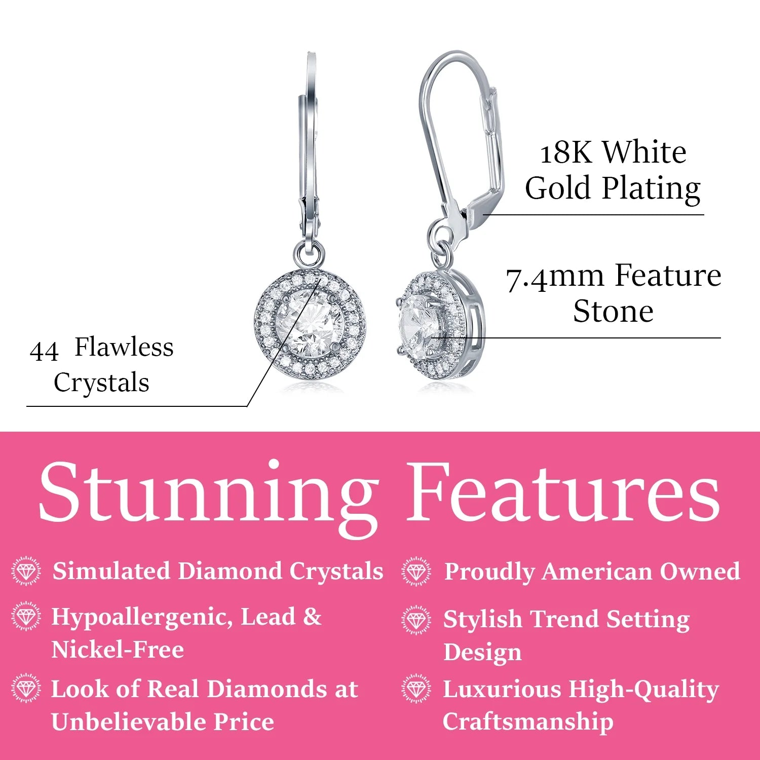 Juliana 18k White Gold Plated Halo Drop Earrings with Round Cut Simulated Diamond Crystals