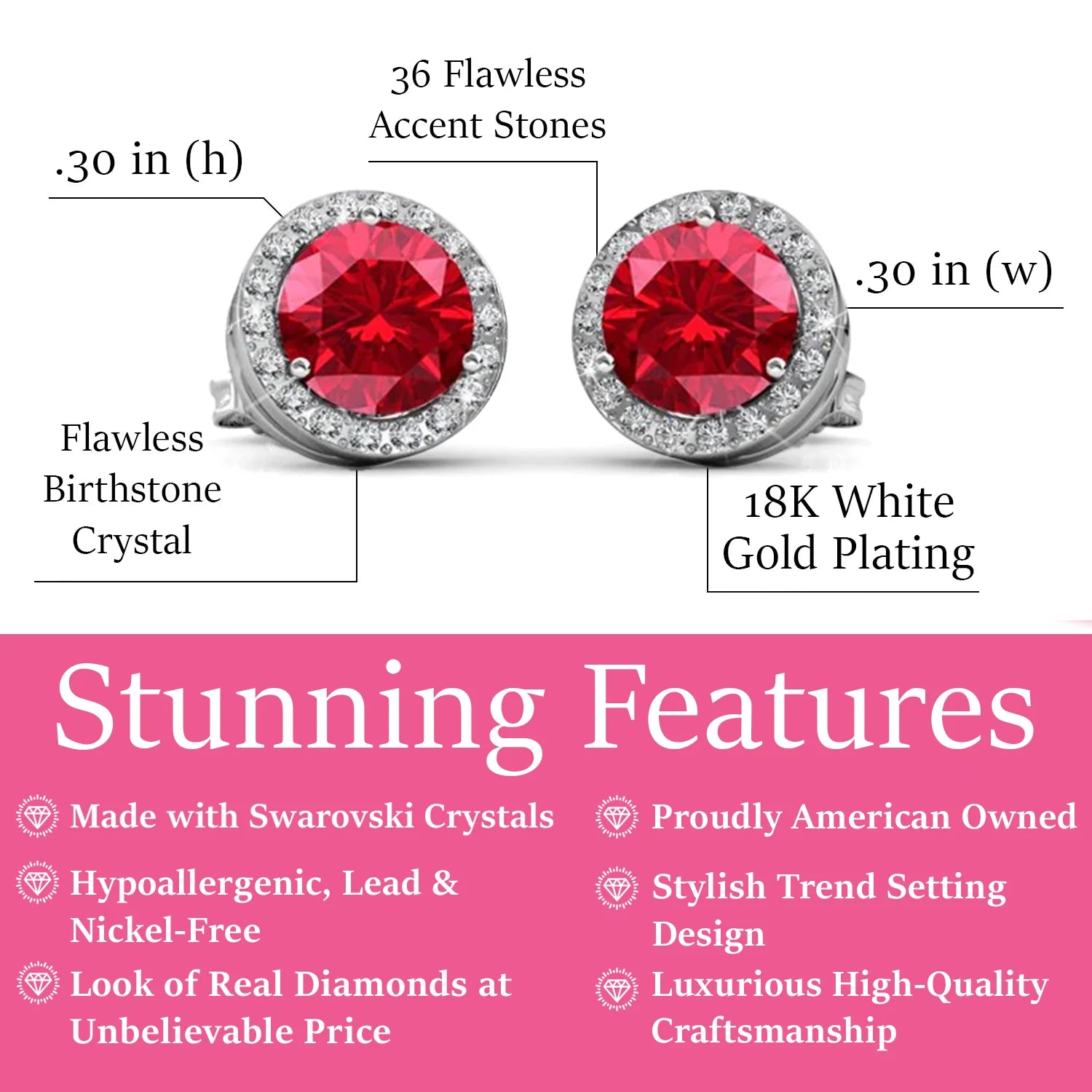 Royal 18k White Gold Plated Birthstone Halo Earrings with Round Cut Swarovski Crystals