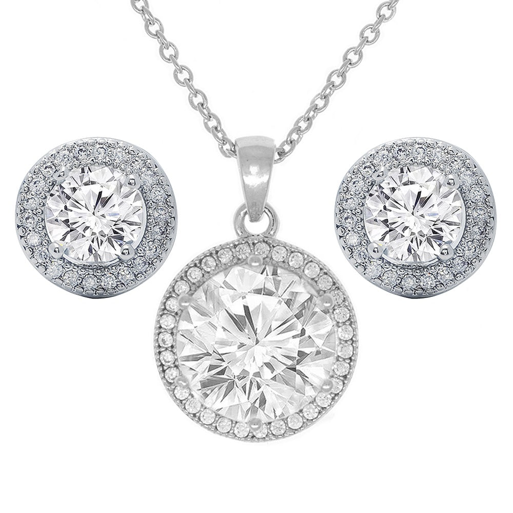 Gwendolyn 18k White Gold Plated Earrings and Necklace Set with Round Cut Simulated Diamond Crystal