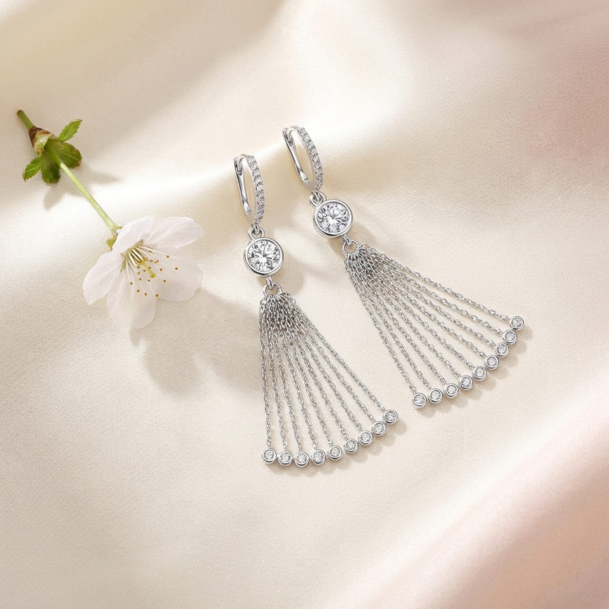 Jackie 18k White Gold Plated Dangle Tassel Earrings with Simulated Diamond Crystals - FAB FAV