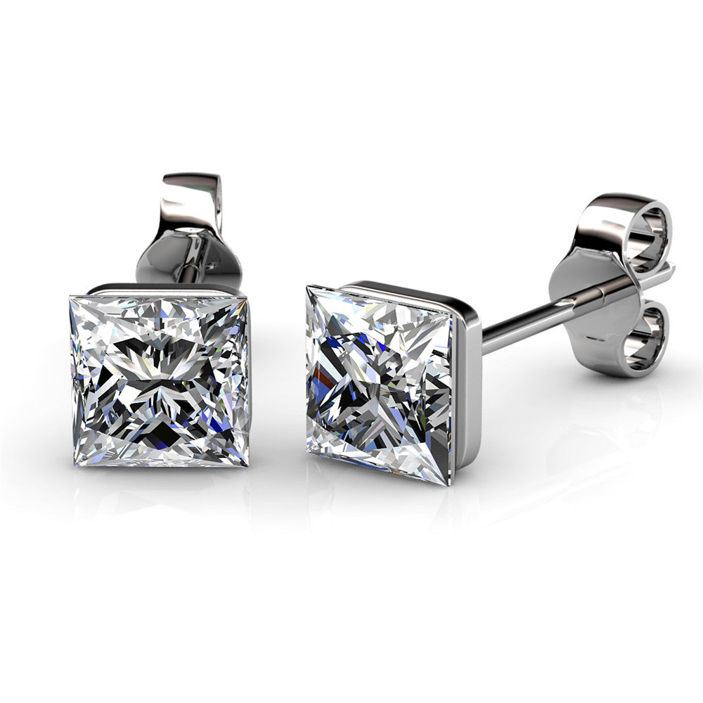 Crystal 18k White Gold Plated Stud Earrings with Princess Cut Crystals