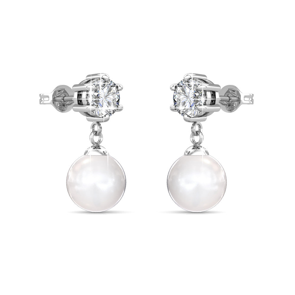 June "Radiant" 18k White Gold Pearl Drop Earrings with Swarovski Crystals