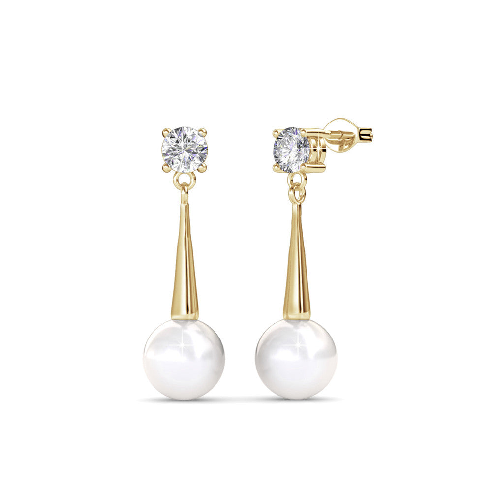 Tatum "Dignified" 18k White Gold Pearl Dangling Stud Earrings with Swarovski Crystals