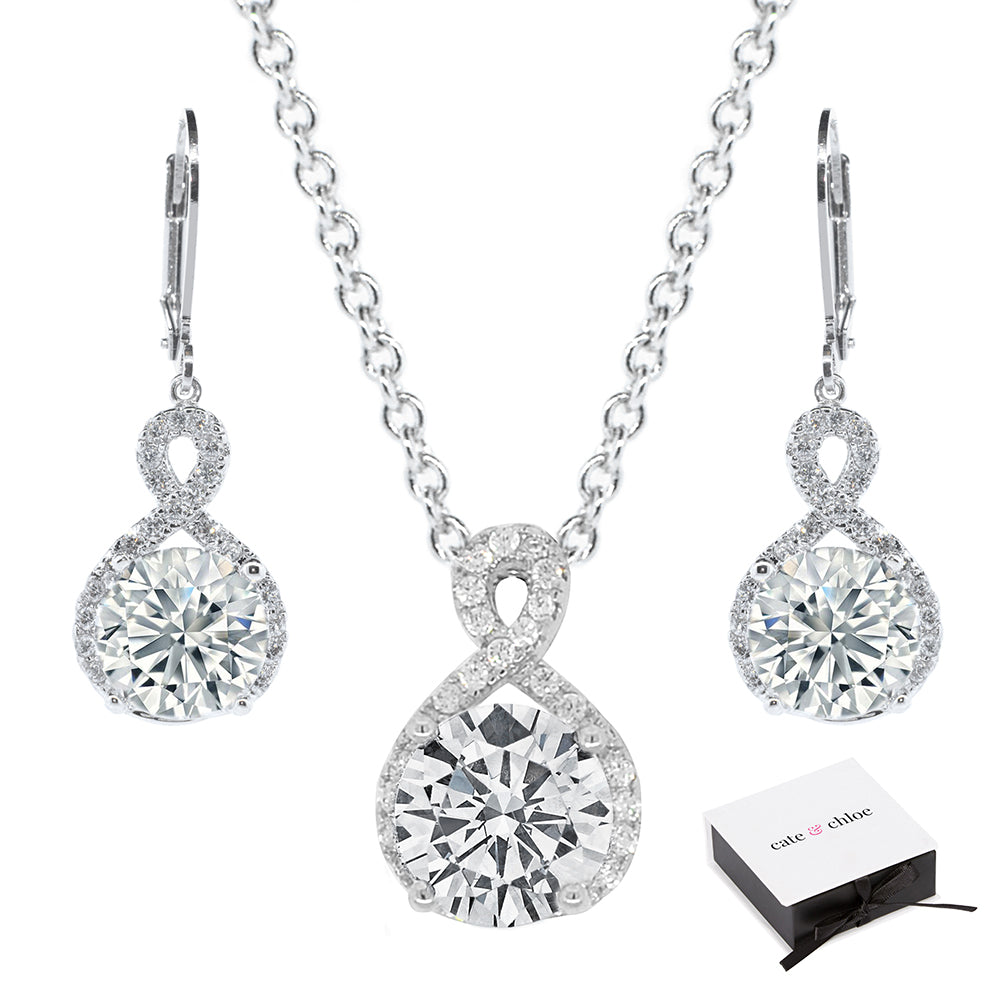 Alessandra "Vision" 18k White Gold Plated Infinity Drop Earrings & Necklace Jewelry Set with CZ Crystals
