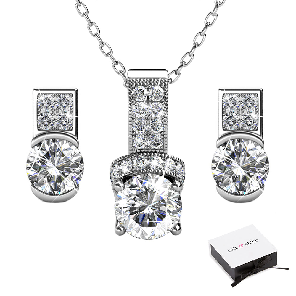 Laya "Ruler" 18k White Gold Swarovski Pendant Necklace and Earrings Jewelry Set