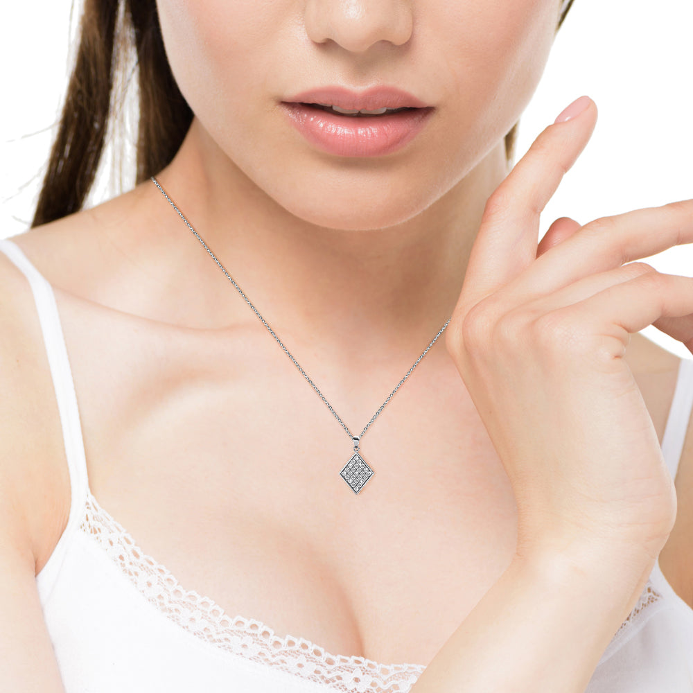 Lennon "Esteemed" 18k White Gold Diamond Shaped Pendant Necklace with Swarovski Crystals