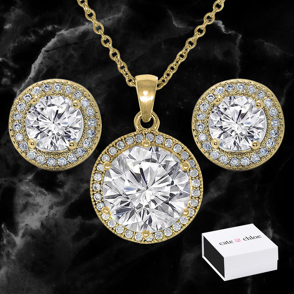 Mariah 18k Gold Round Cut CZ Halo Pendant Necklace and Earrings Jewelry Set