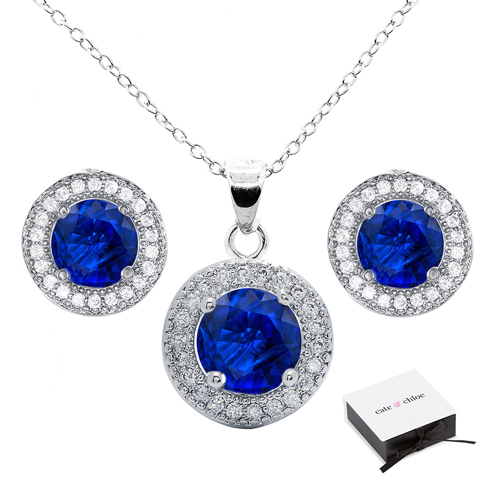 Mariah 18k Gold Round Cut CZ Halo Pendant Necklace and Earrings Jewelry Set
