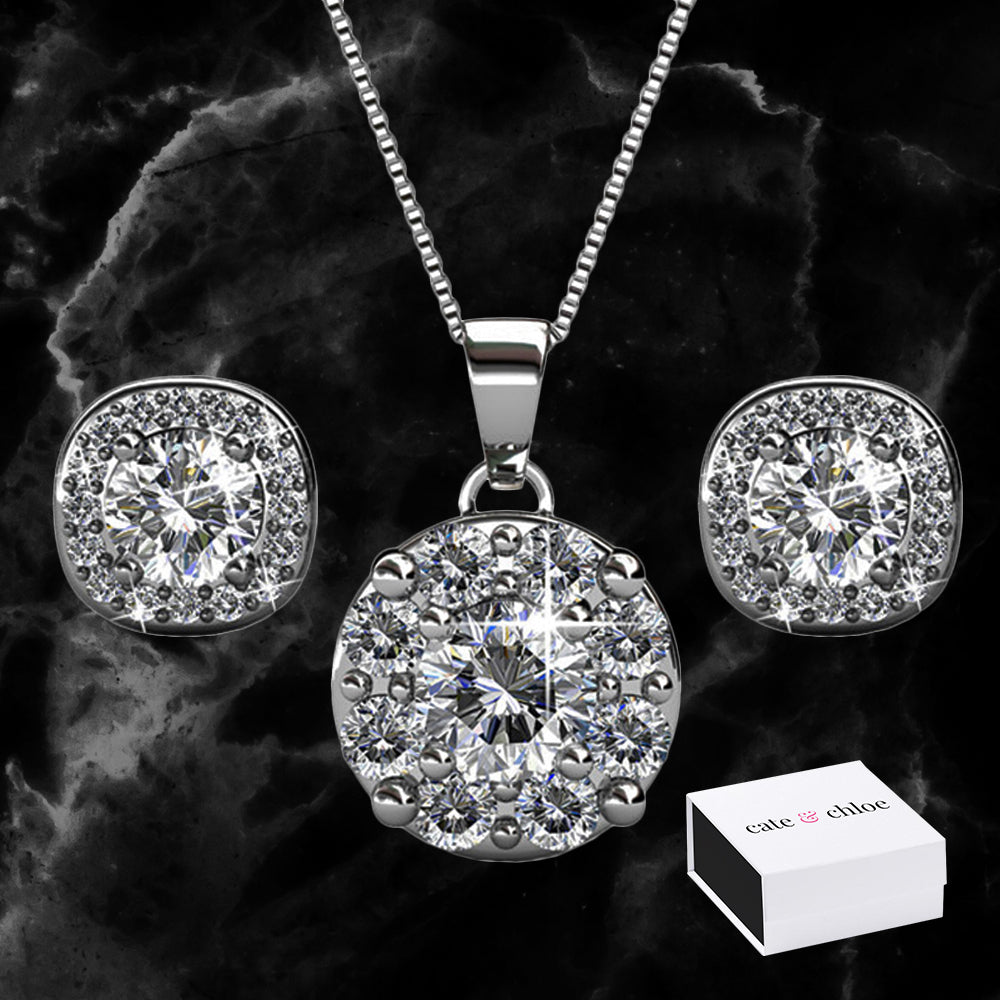 Ruth “Protector” 18k White Gold Swarovski Crystal Earrings and Necklace Jewelry Set